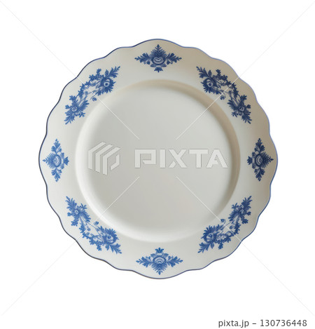 Elegant Blue Floral Design Plate on White Background for Table Setting and Decor Use in Culinary and Dining Photography Elegant Blue Floral Design Plate on White Background for Table Setting and Decor Use in Culinary and Dining Photography 130736448