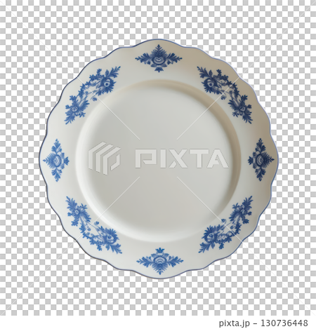 Elegant Blue Floral Design Plate on White Background for Table Setting and Decor Use in Culinary and Dining Photography Elegant Blue Floral Design Plate on White Background for Table Setting and Decor Use in Culinary and Dining Photography 130736448
