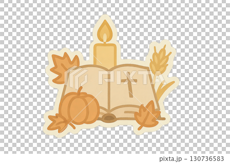 Religious thanksgiving theme with bible, candle, and autumn leaves. Isolated on transparent background 130736583