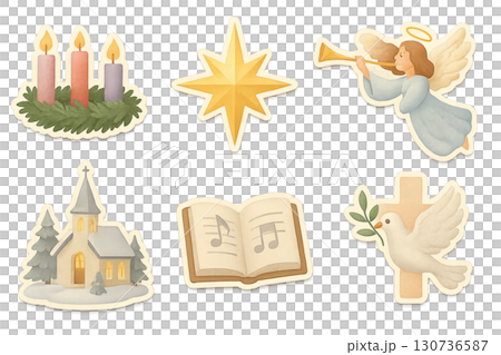 Christmas religious symbols including candles, star, angel, church, book, dove. Isolated on transparent background 130736587