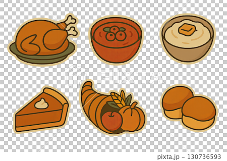 Thanksgiving food icons set featuring turkey, pie, cranberries, mashed potatoes. Isolated on transparent background 130736593