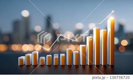 Luminous glowing financial chart with ascending orange bars and white line graph showing growth and success 130736720