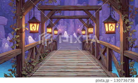 Pastel Halloween illustration of spooky wooden bridge with glowing lanterns and friendly ghosts floating mystical purple cave 130736736