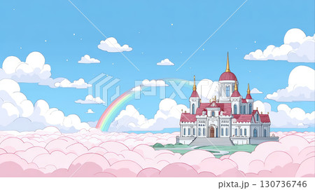 Whimsical castle with red roofs and golden spires sits above pink clouds under bright blue sky with rainbow and fluffy clouds 130736746
