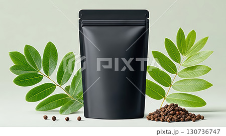 Sleek minimalist black resealable pouch centered with green leaves and black peppercorns creating natural fresh vibe 130736747