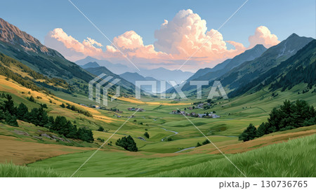 Mountain valley landscape with green grass, small village, pine trees, and dramatic clouds at sunset 130736765