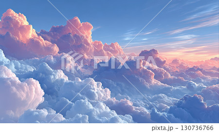 Fluffy clouds glowing with soft pink and blue hues under serene sky at sunset, creating peaceful and dreamy atmosphere 130736766