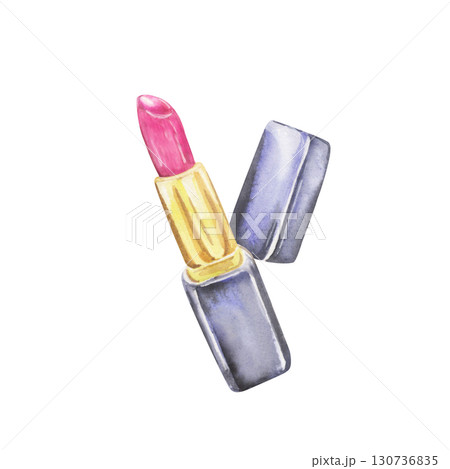 Pink lipstick watercolor illustration isolated on white background 130736835
