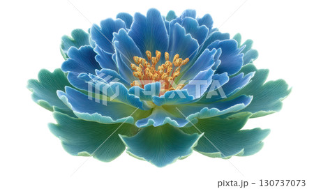 Vibrant Blue Flower with Petals and Golden Stamen in a Lush Green Composition 130737073