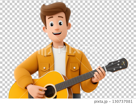 Friendly cartoon character playing guitar with a cheerful expression, showcasing a musical performance scene 130737081