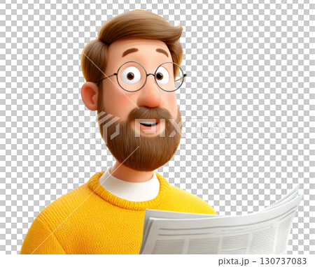 Cheerful Man with Glasses Reading Newspaper in Bright Yellow Sweater Cartoon Style Illustration 130737083