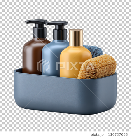 Stylish bathroom caddy with bottles, sponge, and brushes for organization and storage in modern home decor Stylish bathroom caddy with bottles, sponge, and brushes for organization and storage in modern home decor 130737096