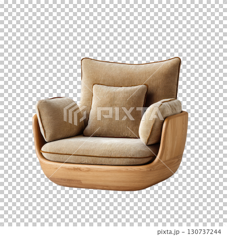 Cozy modern chair with natural wooden frame and soft fabric cushions for stylish interior design and comfort 130737244