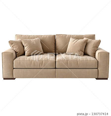 Modern beige sofa with plush cushions and cozy textures for stylish living room decor or interior design inspiration 130737414