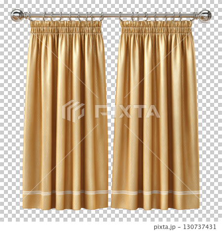 Elegant golden curtains with pleats and metallic rod for stylish home decor and interior design enhancement 130737431