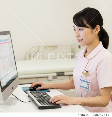 パソコンで作業をする若い女性看護師の横顔　事務作業　カルテの確認　薬剤師 130737515