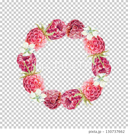 Raspberry wreath watercolor. Hand drawn illustration of beautiful ripe berries and white flowers isolated. For jam, marmalade and drink label design. 130737662