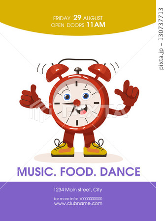 Template back to school party invitation featuring an character cheerful red alarm clock 130737713