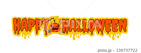 Halloween Funny cartoon pumpkin and Happy Halloween text for a wide banner. This design includes various Halloween elements and features the isolated text on a transparent background Halloween Funny cartoon pumpkin and Happy Halloween text for a wide banner. This design includes various Halloween elements and features the isolated text on a transparent background 130737722