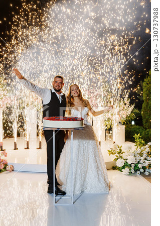 Bride and groom with a large round cake with berries. fireworks  130737988