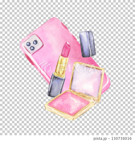 Pink smartphone, lipstick and powder compact watercolor illustration 130738016