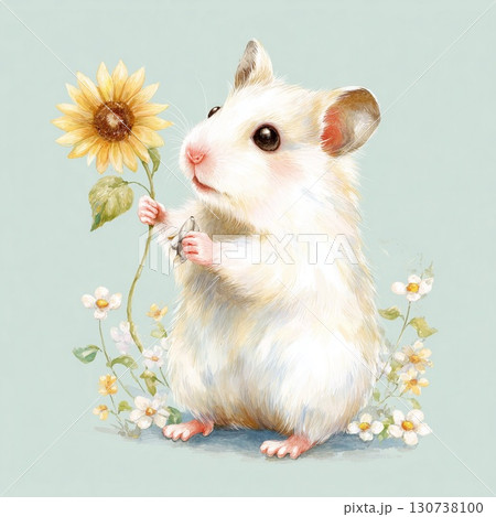 ひまわりを持つ可愛いハムスターイラスト 130738100
