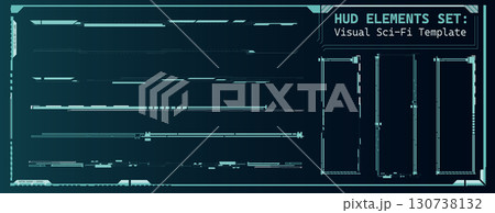 A collection of various HUD elements is presented, featuring sleek lines and futuristic designs. This digital set serves as a template for sci-fi themed interfaces used in gaming or film production. 130738132