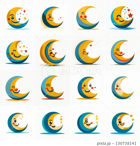 Flat art of a simple geometric Crescent with a smiling face, minimalism style, clean lines, white background. Generative AI. Flat art of a simple geometric Crescent with a smiling face, minimalism style, clean lines, white background. Generative AI. 130738141