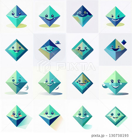 Flat art of a simple geometric Rhombus with a smiling face, minimalism style, clean lines, white background. Generative AI. 130738193