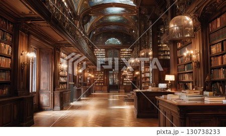 荘厳なヨーロッパ風クラシック図書館の内観 130738233