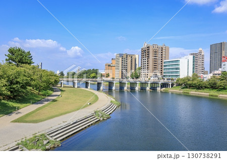 岡崎市、殿橋と康生町の街並み 130738291