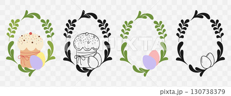 Easter Cake with Painted Eggs and Abstract Leaves Eggs Shape Frame Inks and Color Copyspace Template 130738379