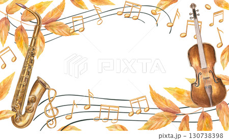 Musical frame with violin, saxophone, wavy staff notes and autumn yellow leaves. Watercolor illustration on isolated background. Horizontal fall border with copy space for text. For invitations 130738398