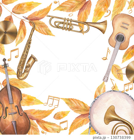 Watercolor musical instruments and fall golden tree foliage square frame on isolated background. Double bass, guitar, drum saxophone and autumn yellow leaves frame with empty space for text 130738399