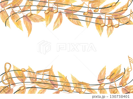 Yellow leaves on wavy black stave horizontal border with blank space for text. Golden autumn elm or walnut tree foliage on staff watercolor illustration on isolated background. Frame for greeting card Yellow leaves on wavy black stave horizontal border with blank space for text. Golden autumn elm or walnut tree foliage on staff watercolor illustration on isolated background. Frame for greeting card 130738401