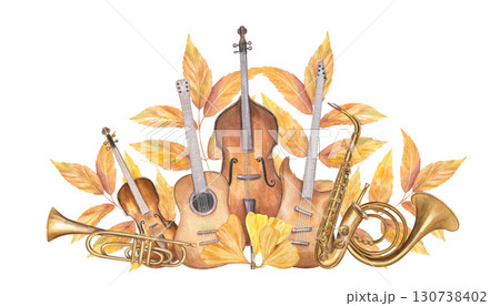 Watercolor wind and string instruments, golden elm leaves illustration on isolated background. Hand painted double bass, saxophone, French horn, guitar and autumn tree branches composition for poster Watercolor wind and string instruments, golden elm leaves illustration on isolated background. Hand painted double bass, saxophone, French horn, guitar and autumn tree branches composition for poster 130738402