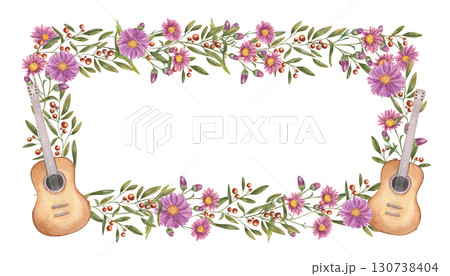 Musical floral horizontal frame with empty space for text. Watercolor acoustic six string guitars and autumn pink chrysanthemum border on isolated background. Fall daisy flowers and music instruments Musical floral horizontal frame with empty space for text. Watercolor acoustic six string guitars and autumn pink chrysanthemum border on isolated background. Fall daisy flowers and music instruments 130738404