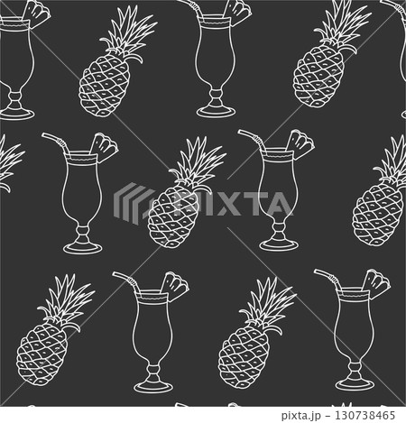 Summer Pina Colada Cocktail and Pineapple Fruit Seamless pattern. Hand drawn graphic Vector illustration. White line art on a black background in Doodle style. Summer Pina Colada Cocktail and Pineapple Fruit Seamless pattern. Hand drawn graphic Vector illustration. White line art on a black background in Doodle style. 130738465