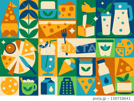 Seamless Geometric Milk and Cheese Pattern. Mosaic Food Background for Packaging and Textile Design 130738641