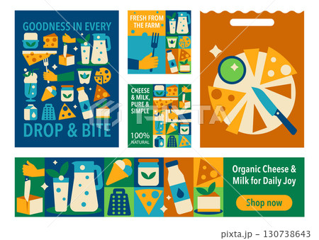 Milk and Cheese Branding Design Kit. Geometric Food Posters, Banners, Labels and Packaging Templates Milk and Cheese Branding Design Kit. Geometric Food Posters, Banners, Labels and Packaging Templates 130738643