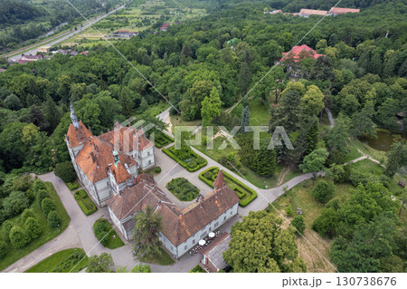 Aerial drone view over palace of Counts Schonborn. Chynadiieve, Ukraine. 130738676