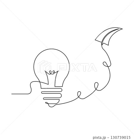 Paper plane flying up connected with light bulb in continuous one line drawing. 130739015