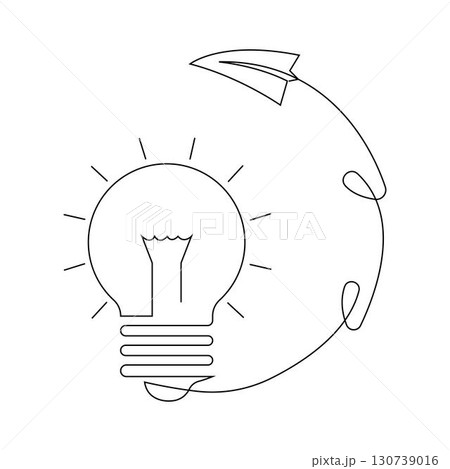 Paper plane flying up connected with light bulb in continuous one line drawing. Paper plane flying up connected with light bulb in continuous one line drawing. 130739016