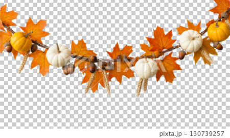 Hanging Garland of many maple leaves, white and yellow pumpkins, acorns, ears of wheat on a white plain background. Decoration for Halloween or Thanksgiving. 130739257
