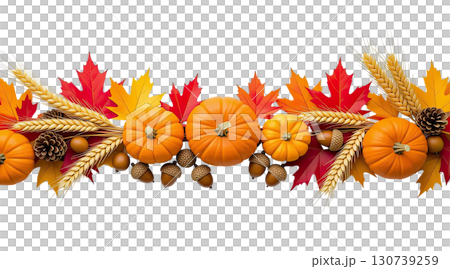 Hanging Garland of many maple leaves, white and yellow pumpkins, acorns, ears of wheat on a white plain background. Decoration for Halloween or Thanksgiving. 130739259