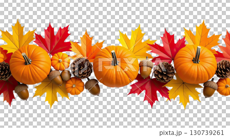Hanging Garland of many maple leaves, white and yellow pumpkins, acorns, ears of wheat on a white plain background. Decoration for Halloween or Thanksgiving. 130739261