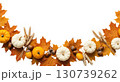 Hanging Garland of many maple leaves, white and yellow pumpkins, acorns, ears of wheat on a white plain background. Decoration for Halloween or Thanksgiving. 130739262
