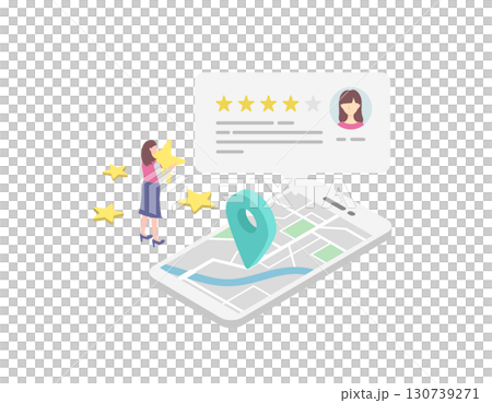 ローカルSEO・レビュー・口コミ評価を表すアイソメトリックなイラスト素材（ベクター） 130739271