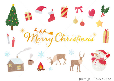 かわいいクリスマスの素材セット　水彩・クレヨン・手描き風のベクターイラスト 130739272