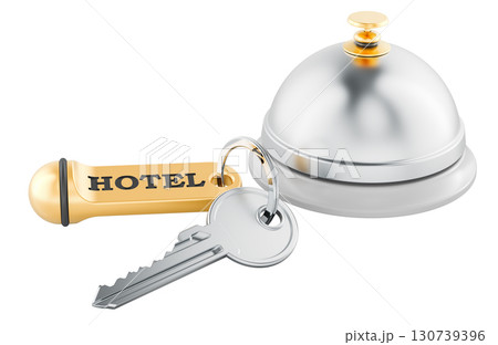 Reception service bell and hotel room key with keychain. 3D rendering 130739396